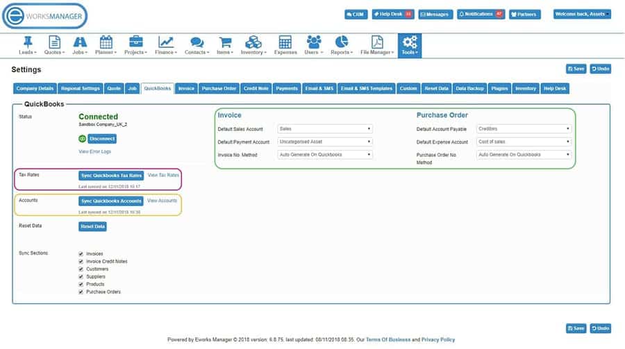 QuickBooks Settings for EWM